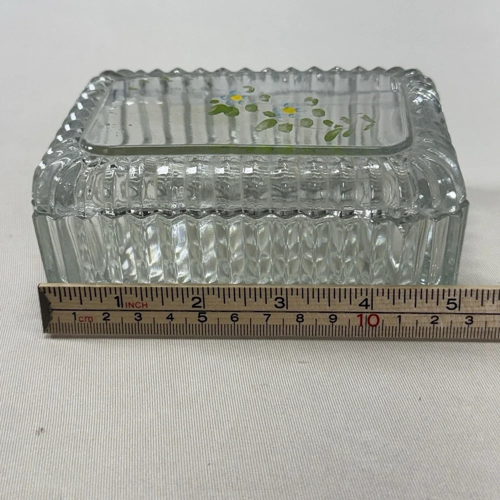 Vintage Depression Glass Trinket Jewelry Box‎ Clear Ribbed Flowers